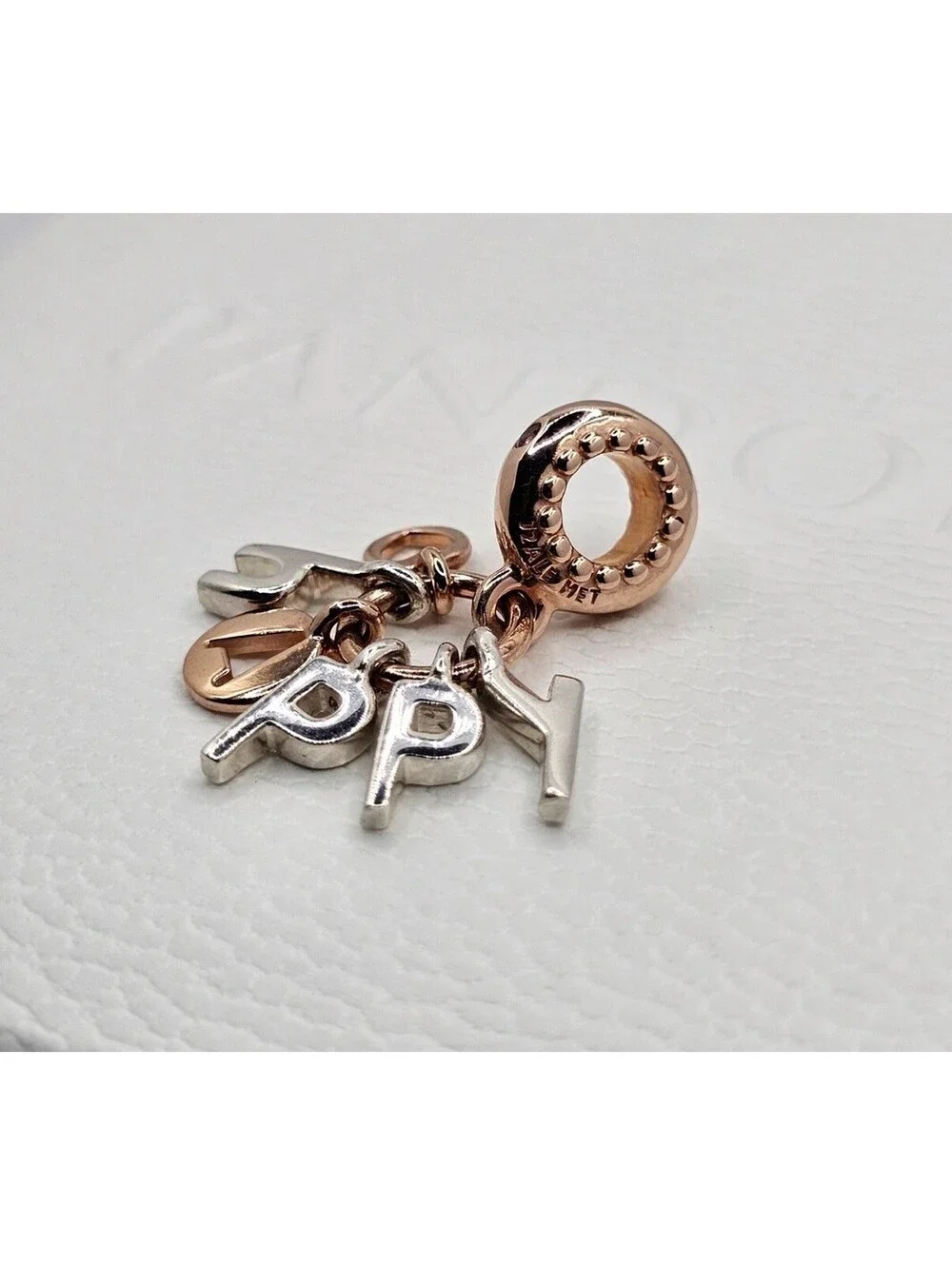 Retired Authentic Pandora Rose gold and silver HAPPY Letters Dangle Charm